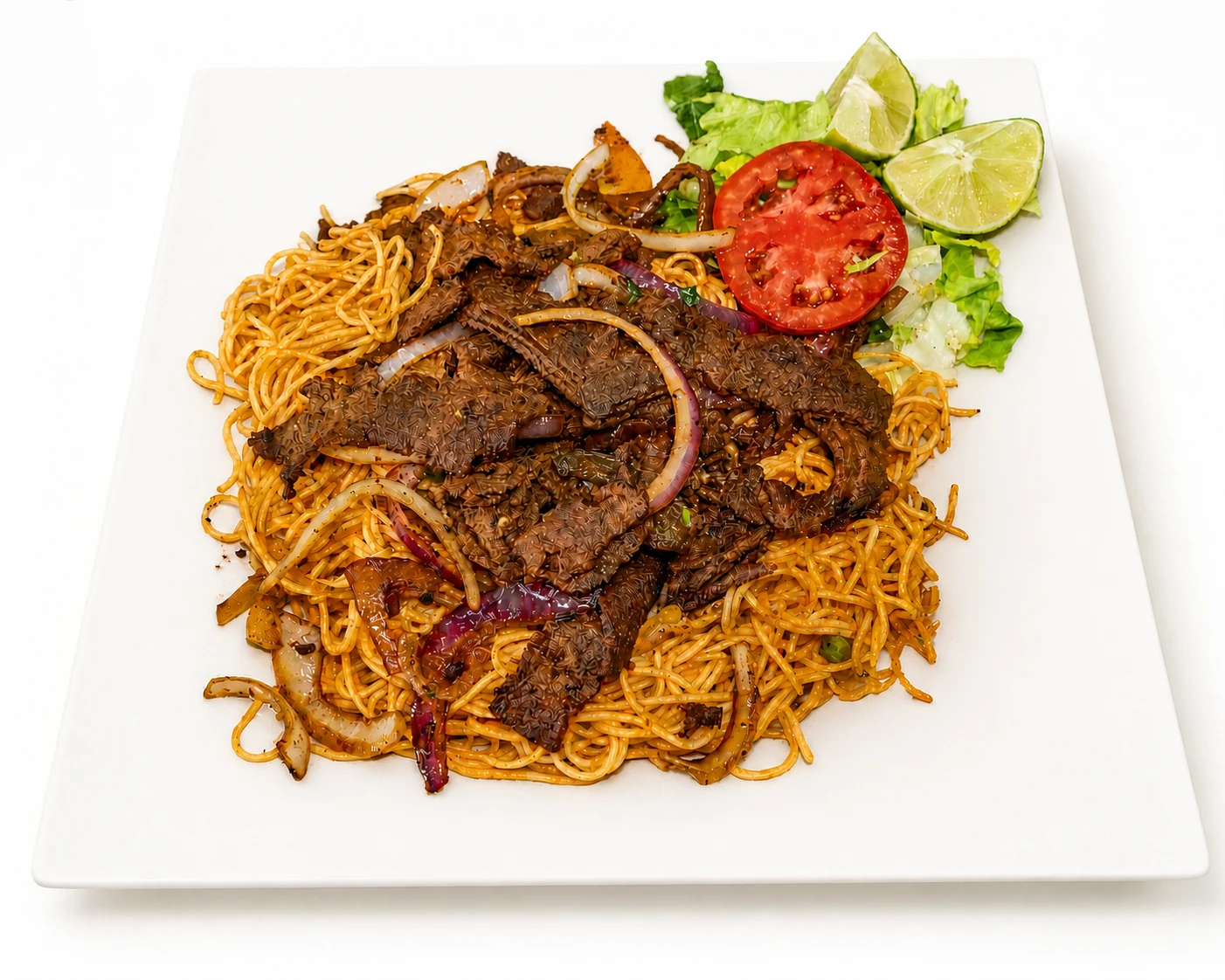 Freshly prepared beef and pasta plate