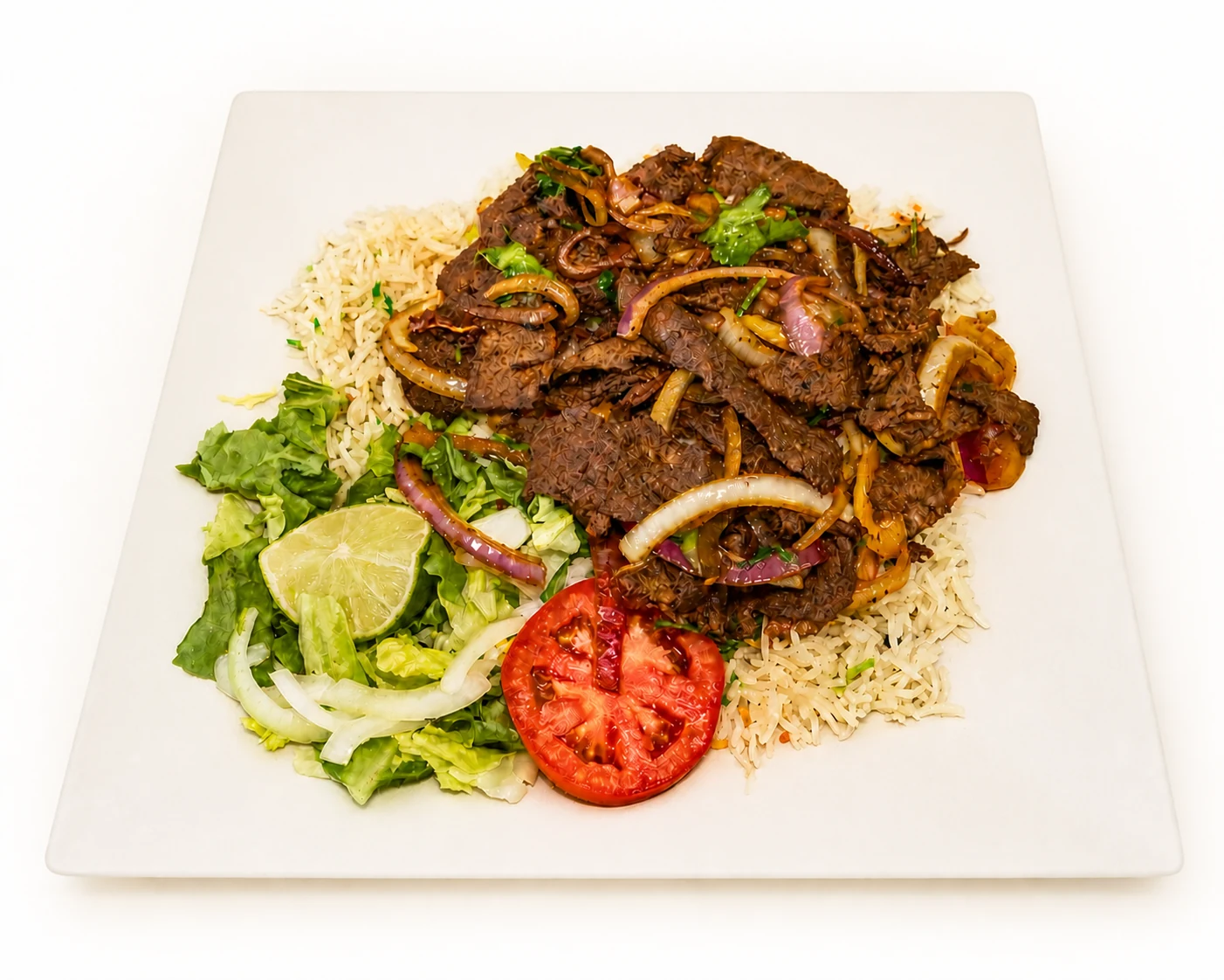 Seasoned beef served over rice with salad