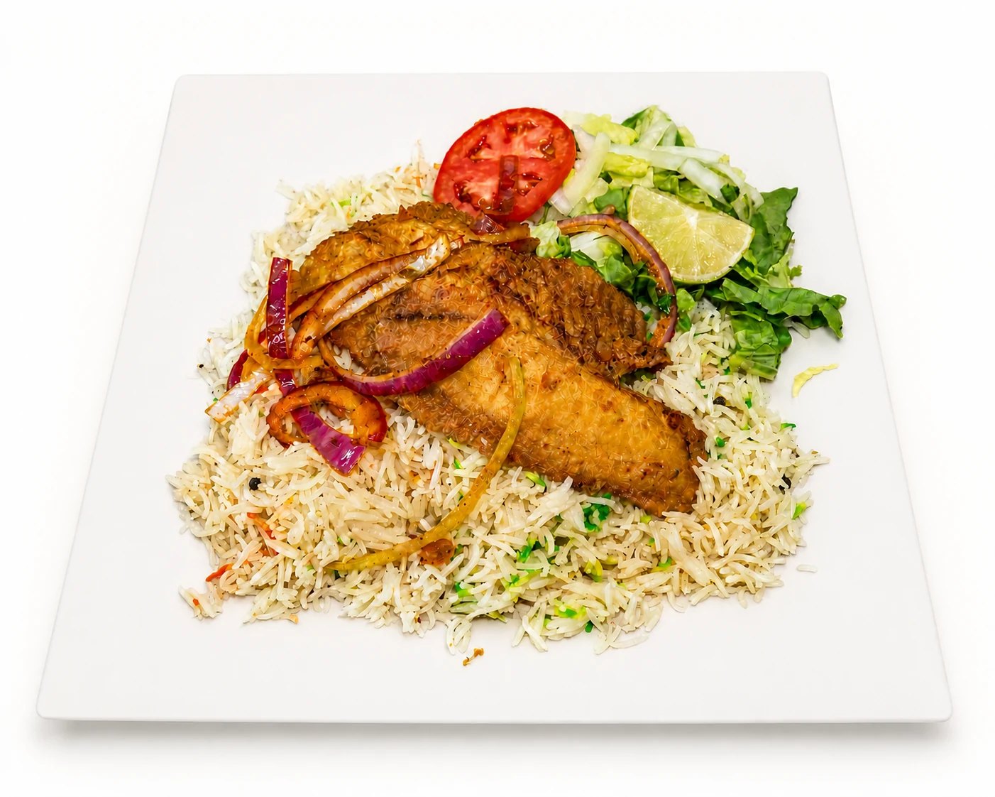 Fried fish served over seasoned rice