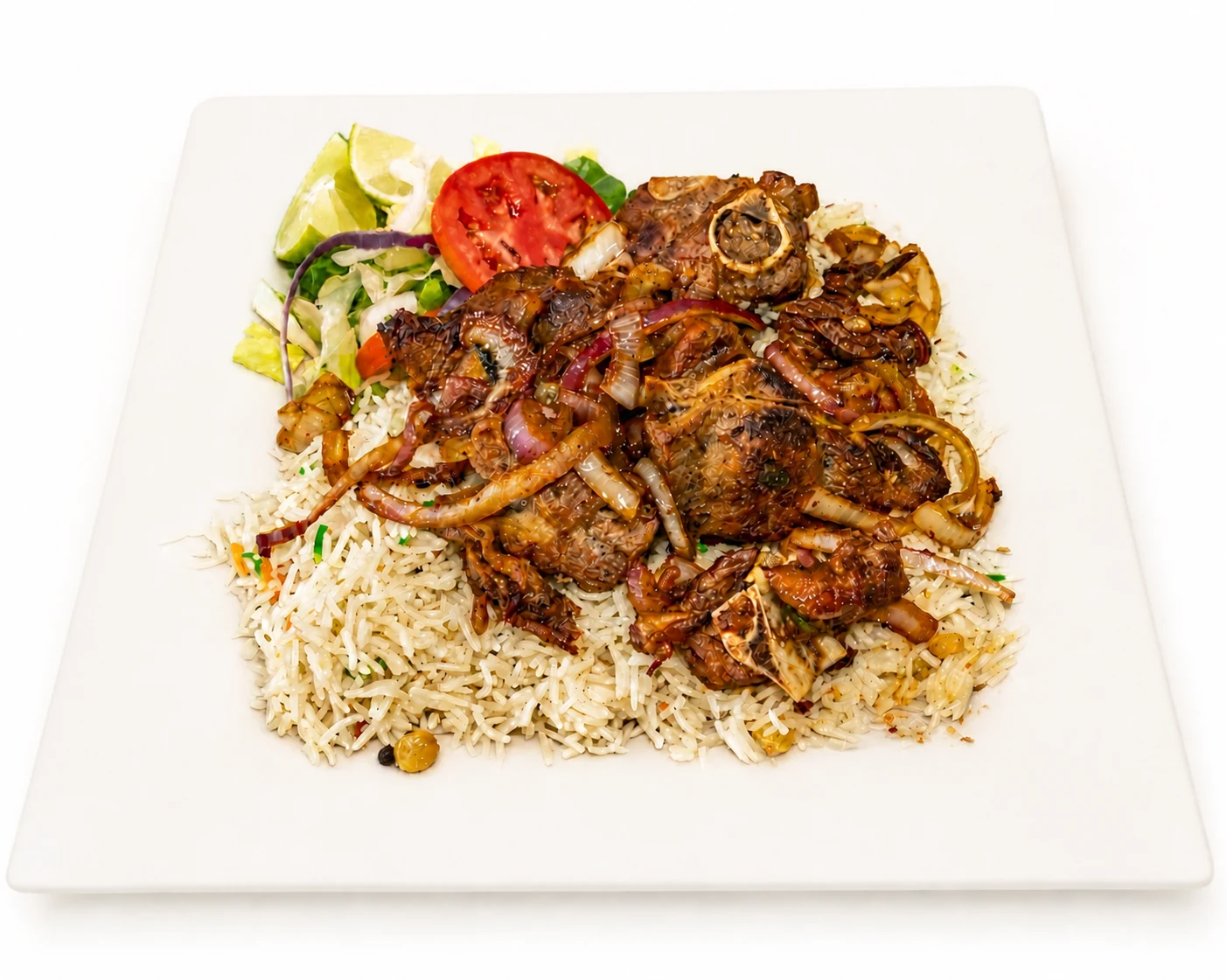 Goat meat served over seasoned rice